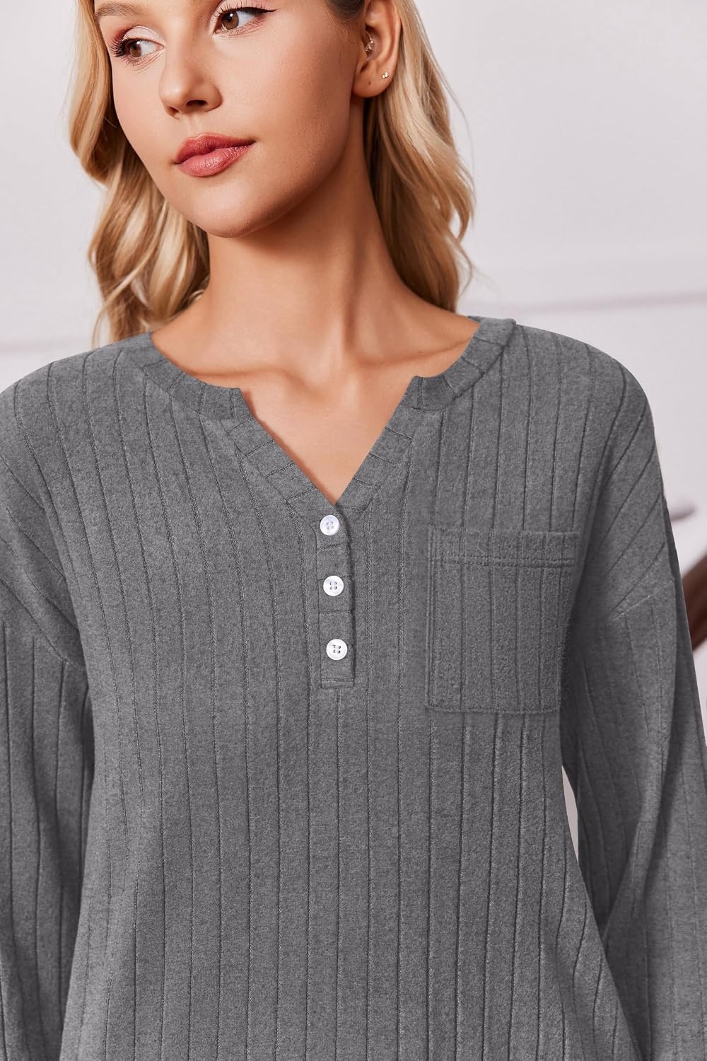 image:imageEkouaer Womens 2 Piece Lounge Set Long Sleeve Knit Ribbed Pajama SetsDark Gray