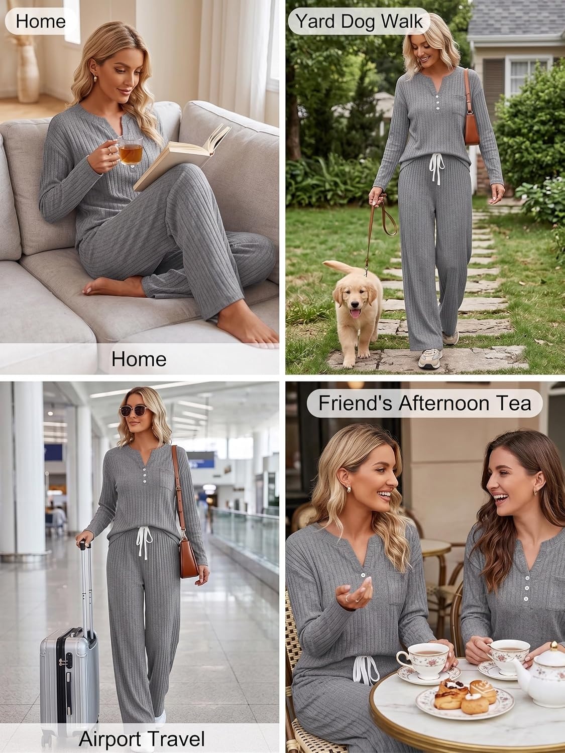 image:imageEkouaer Womens 2 Piece Lounge Set Long Sleeve Knit Ribbed Pajama SetsDark Gray