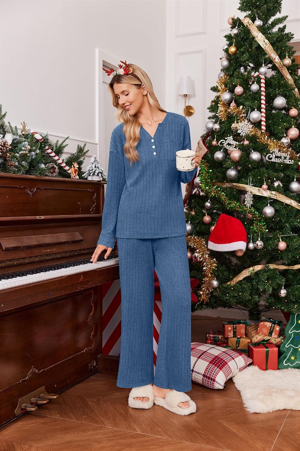 image:imageEkouaer Womens 2 Piece Lounge Set Long Sleeve Knit Ribbed Pajama SetsGray Blue