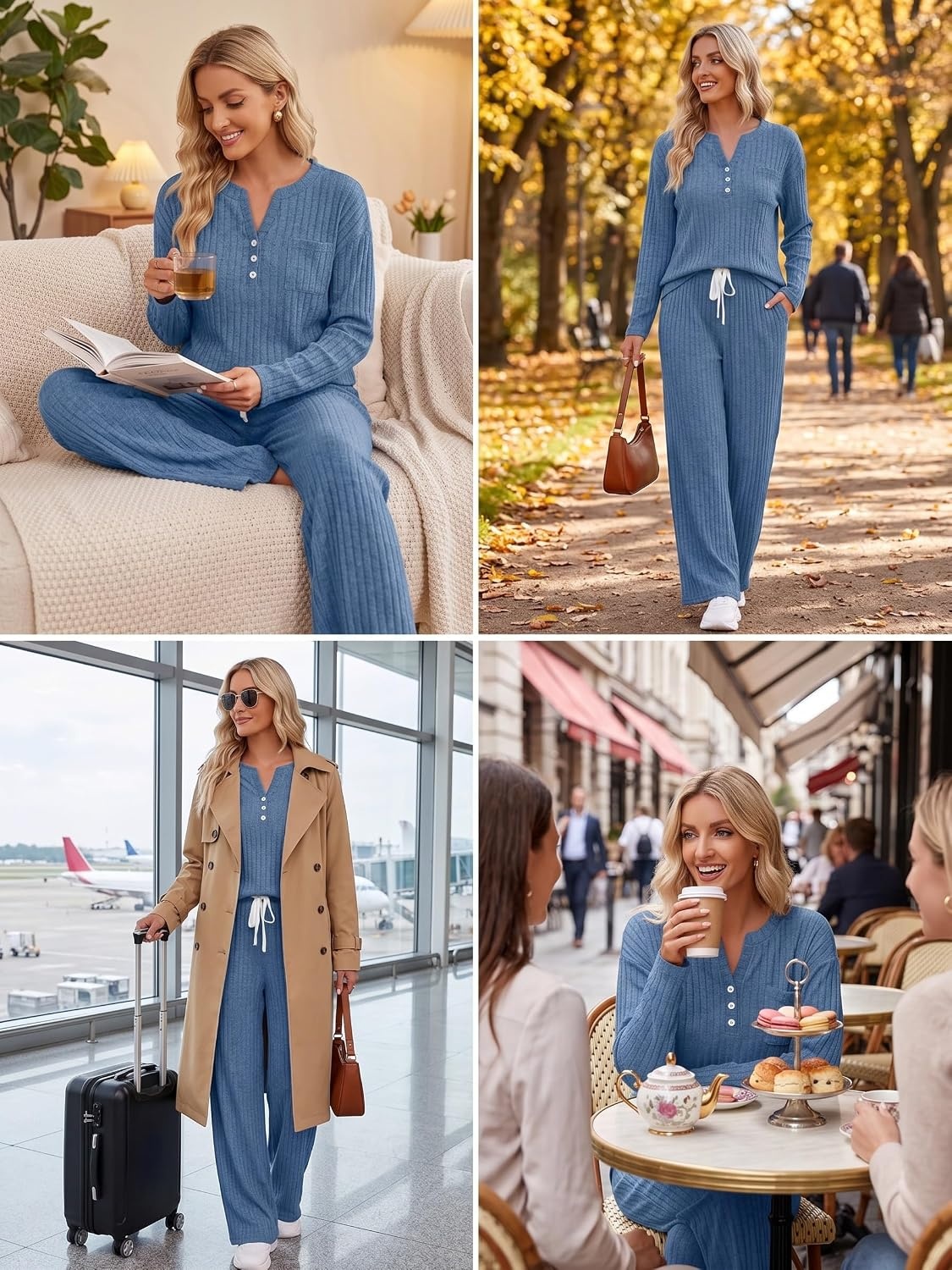 image:imageEkouaer Womens 2 Piece Lounge Set Long Sleeve Knit Ribbed Pajama SetsGray Blue
