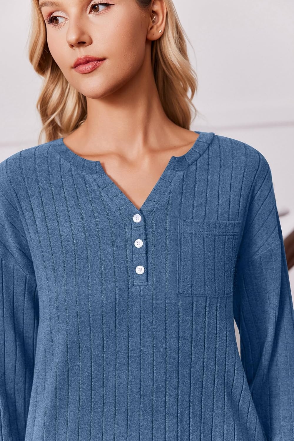 image:imageEkouaer Womens 2 Piece Lounge Set Long Sleeve Knit Ribbed Pajama SetsGray Blue