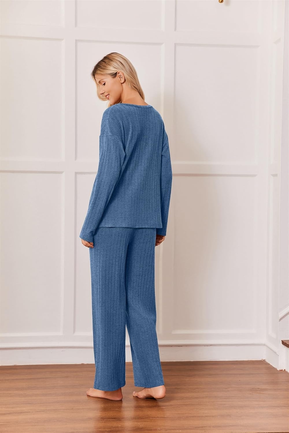 image:imageEkouaer Womens 2 Piece Lounge Set Long Sleeve Knit Ribbed Pajama SetsGray Blue