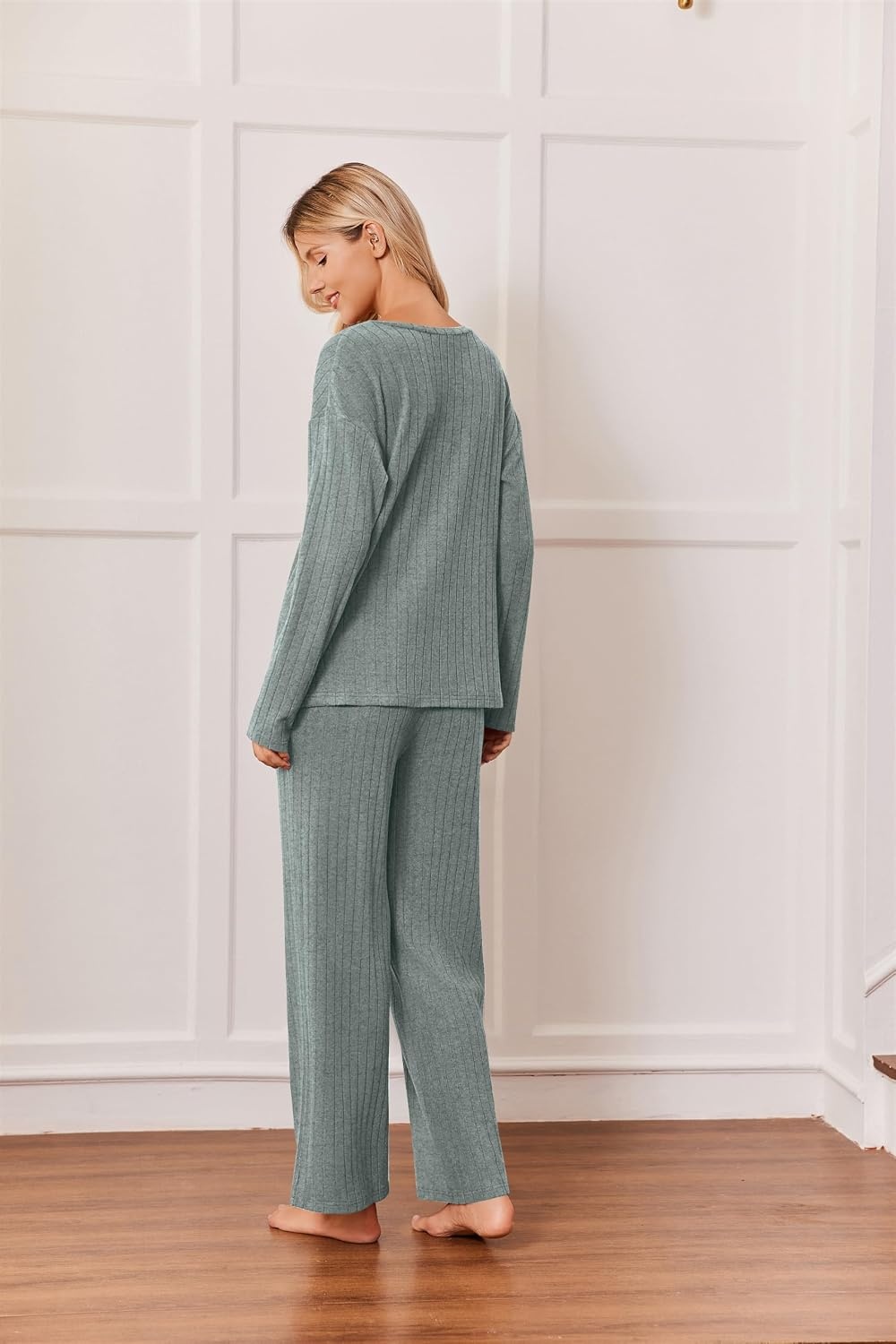 image:imageEkouaer Womens 2 Piece Lounge Set Long Sleeve Knit Ribbed Pajama SetsGray Green