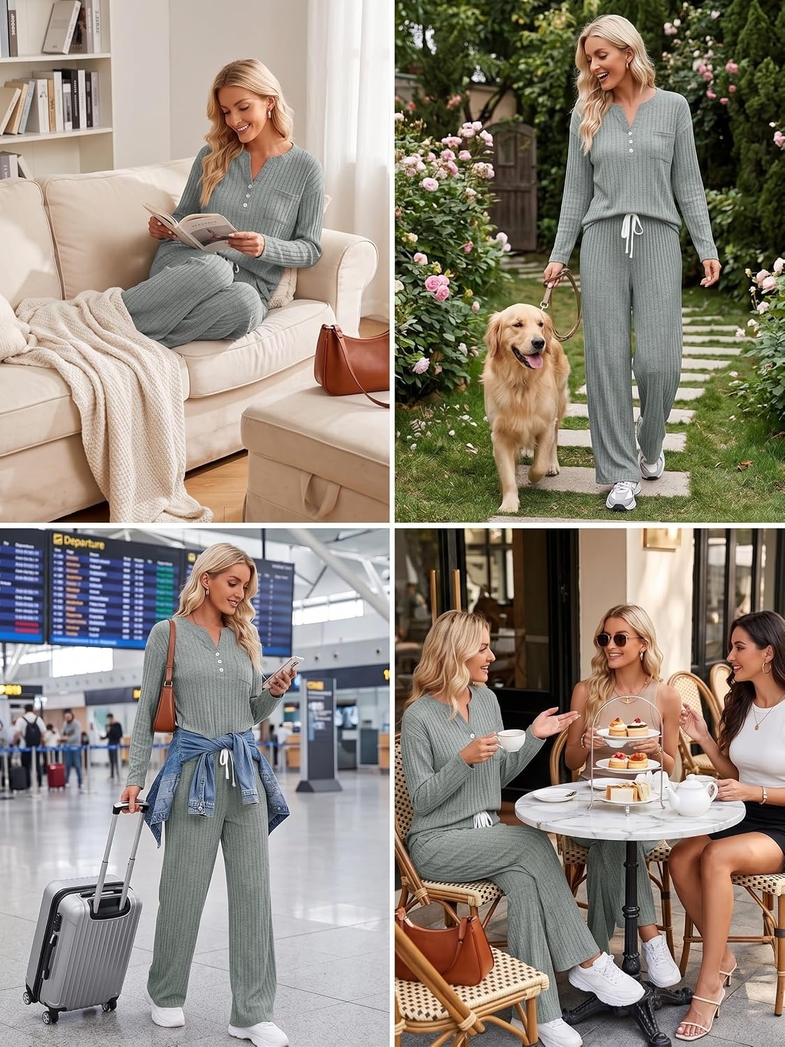image:imageEkouaer Womens 2 Piece Lounge Set Long Sleeve Knit Ribbed Pajama SetsGray Green