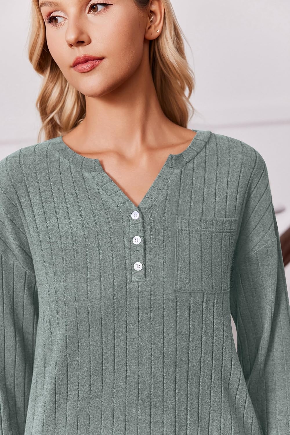 image:imageEkouaer Womens 2 Piece Lounge Set Long Sleeve Knit Ribbed Pajama SetsGray Green