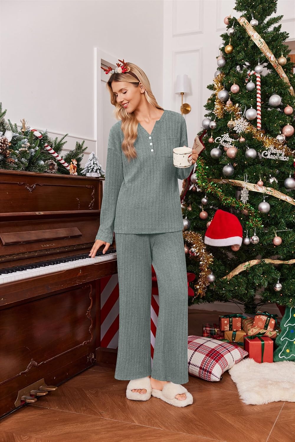 image:imageEkouaer Womens 2 Piece Lounge Set Long Sleeve Knit Ribbed Pajama SetsGray Green