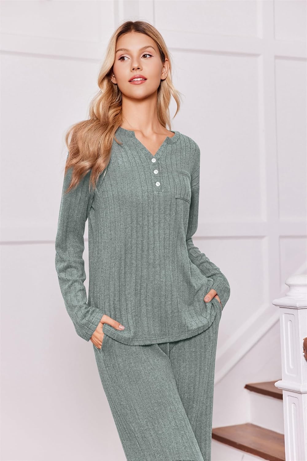 image:imageEkouaer Womens 2 Piece Lounge Set Long Sleeve Knit Ribbed Pajama SetsGray Green