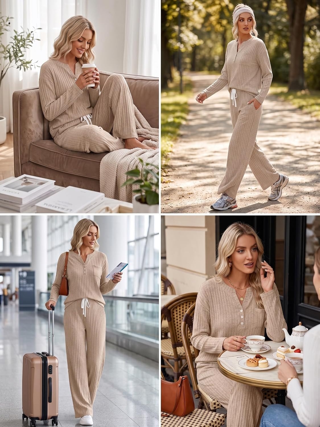 image:imageEkouaer Womens 2 Piece Lounge Set Long Sleeve Knit Ribbed Pajama SetsKhaki