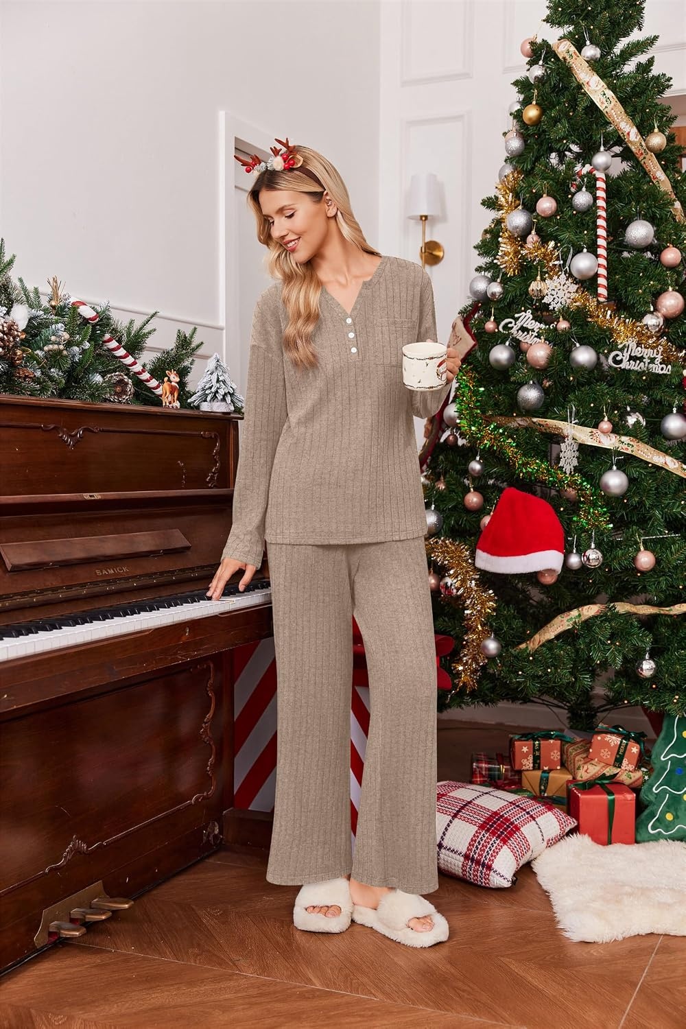 image:imageEkouaer Womens 2 Piece Lounge Set Long Sleeve Knit Ribbed Pajama SetsKhaki
