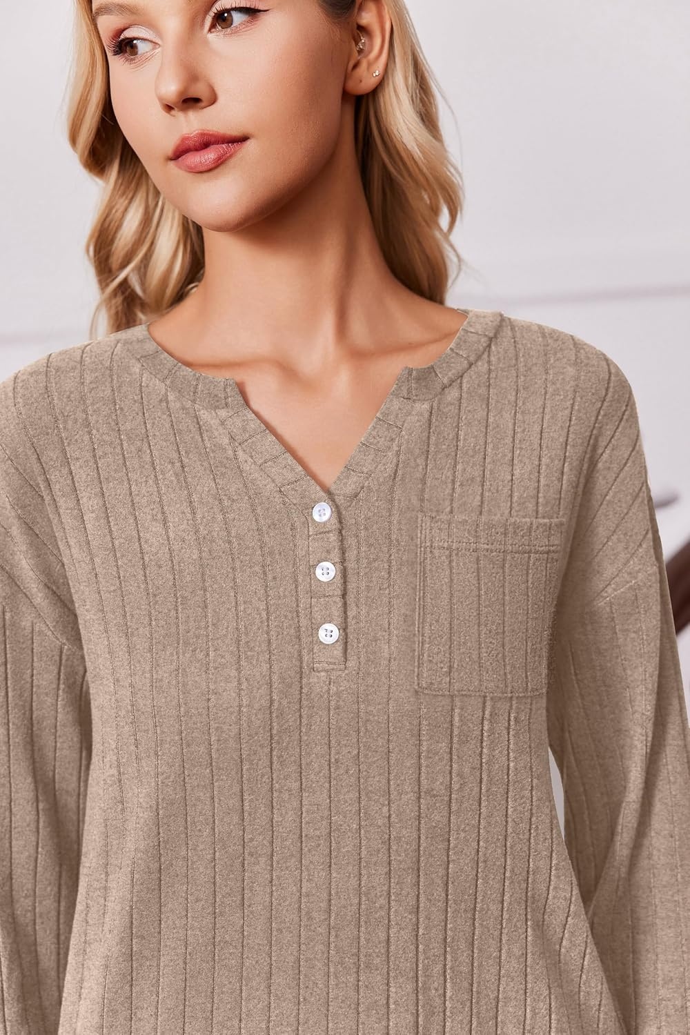 image:imageEkouaer Womens 2 Piece Lounge Set Long Sleeve Knit Ribbed Pajama SetsKhaki