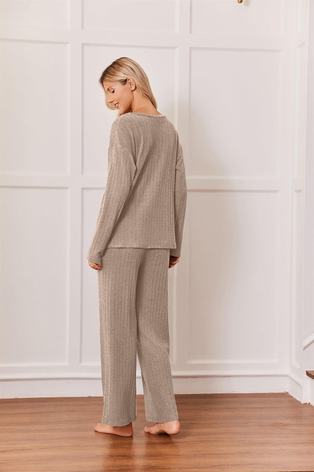 image:imageEkouaer Womens 2 Piece Lounge Set Long Sleeve Knit Ribbed Pajama SetsKhaki