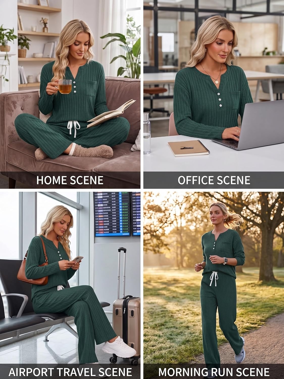 image:imageEkouaer Womens 2 Piece Lounge Set Long Sleeve Knit Ribbed Pajama SetsLake Green