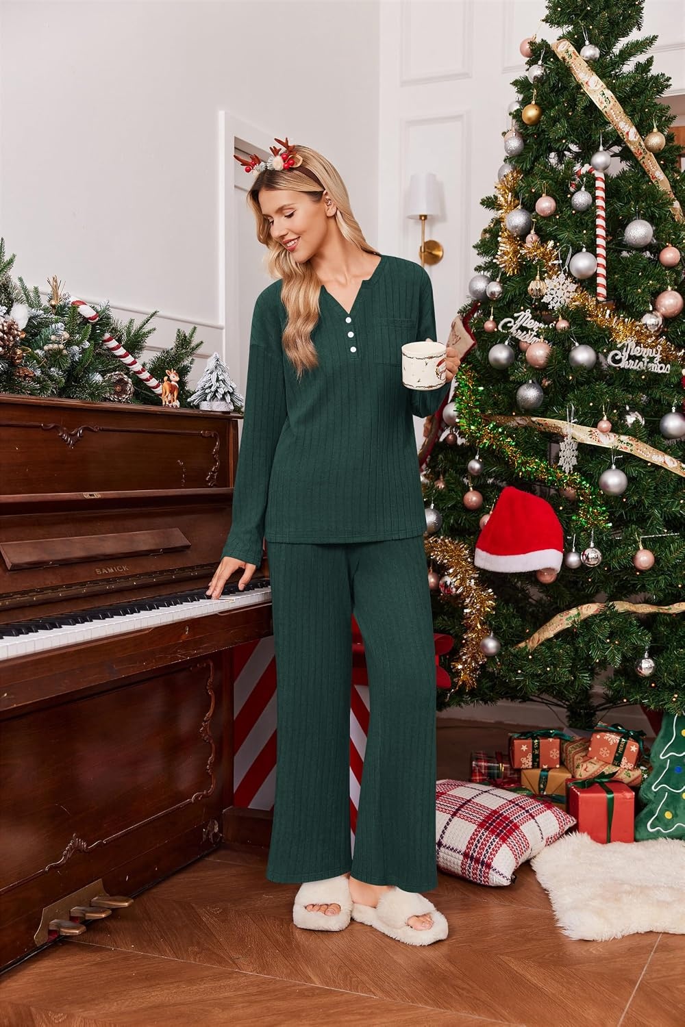 image:imageEkouaer Womens 2 Piece Lounge Set Long Sleeve Knit Ribbed Pajama SetsLake Green