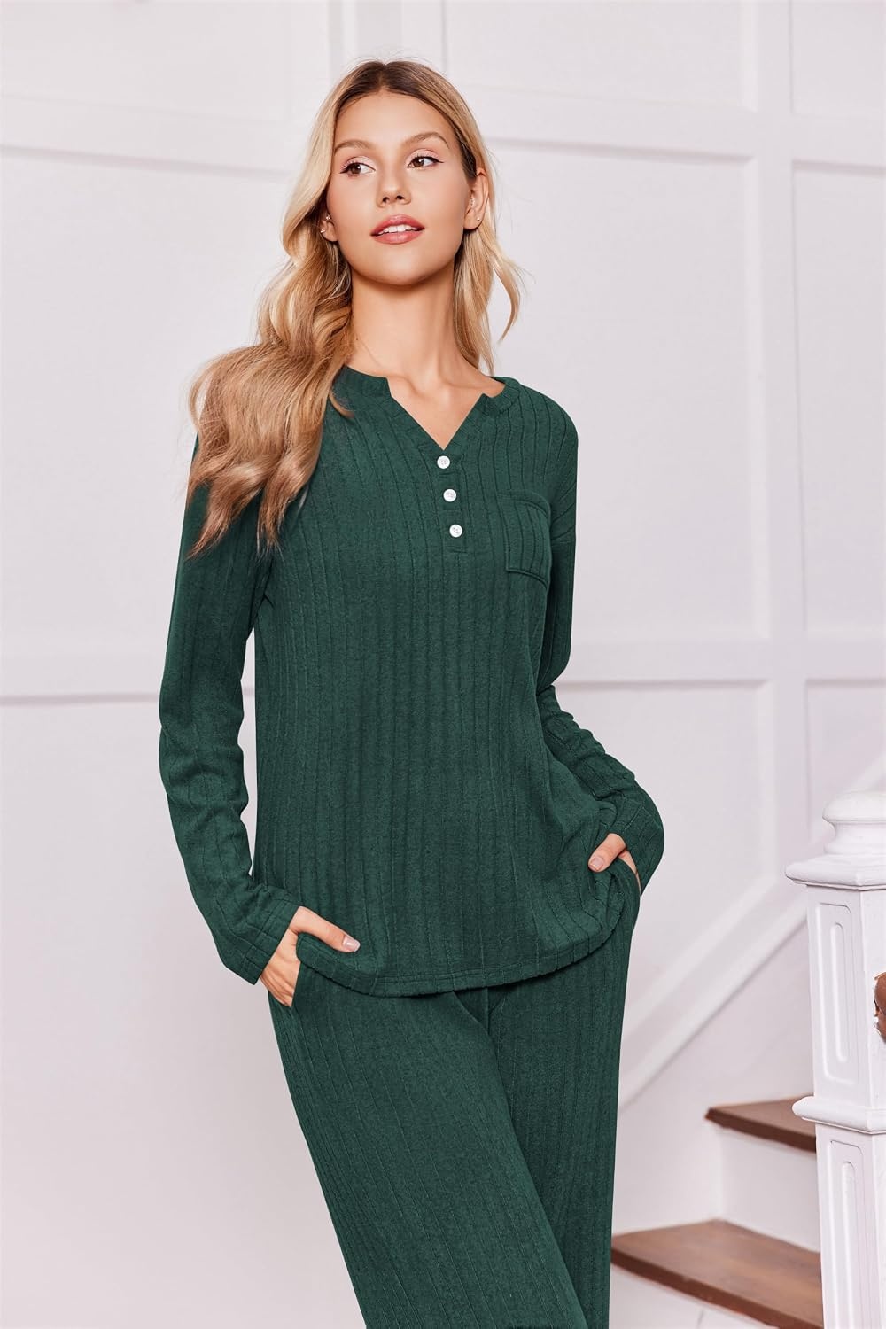 image:imageEkouaer Womens 2 Piece Lounge Set Long Sleeve Knit Ribbed Pajama SetsLake Green