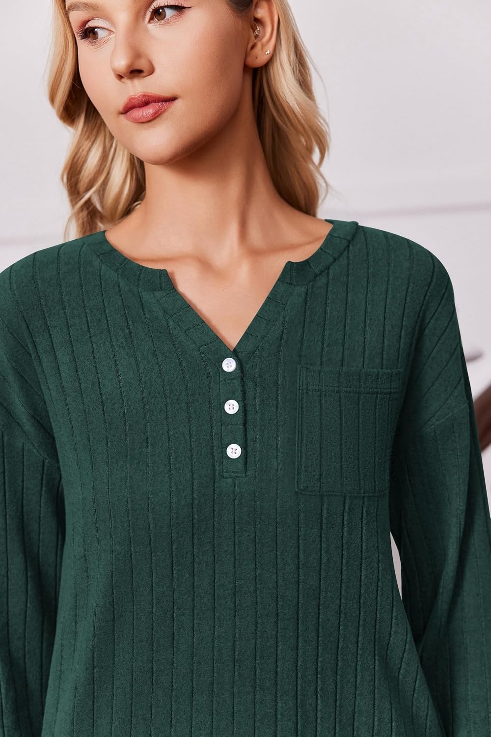 image:imageEkouaer Womens 2 Piece Lounge Set Long Sleeve Knit Ribbed Pajama SetsLake Green