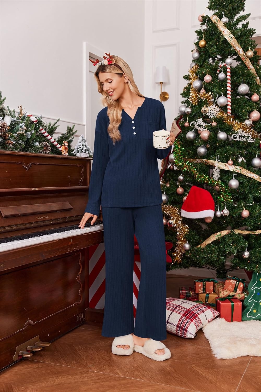 image:imageEkouaer Womens 2 Piece Lounge Set Long Sleeve Knit Ribbed Pajama SetsNavy Blue