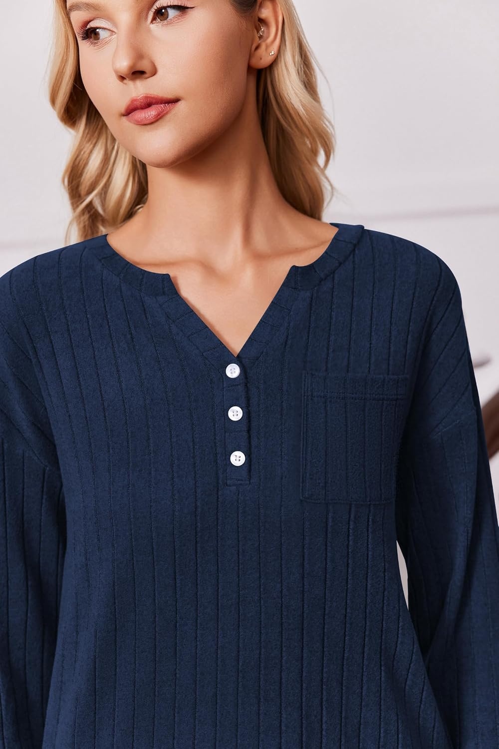 image:imageEkouaer Womens 2 Piece Lounge Set Long Sleeve Knit Ribbed Pajama SetsNavy Blue