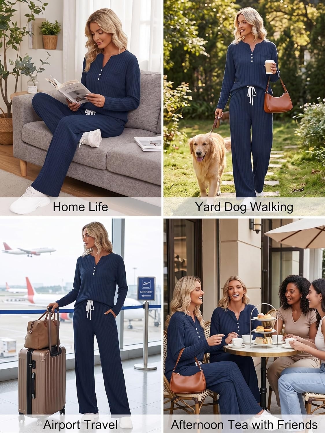 image:imageEkouaer Womens 2 Piece Lounge Set Long Sleeve Knit Ribbed Pajama SetsNavy Blue