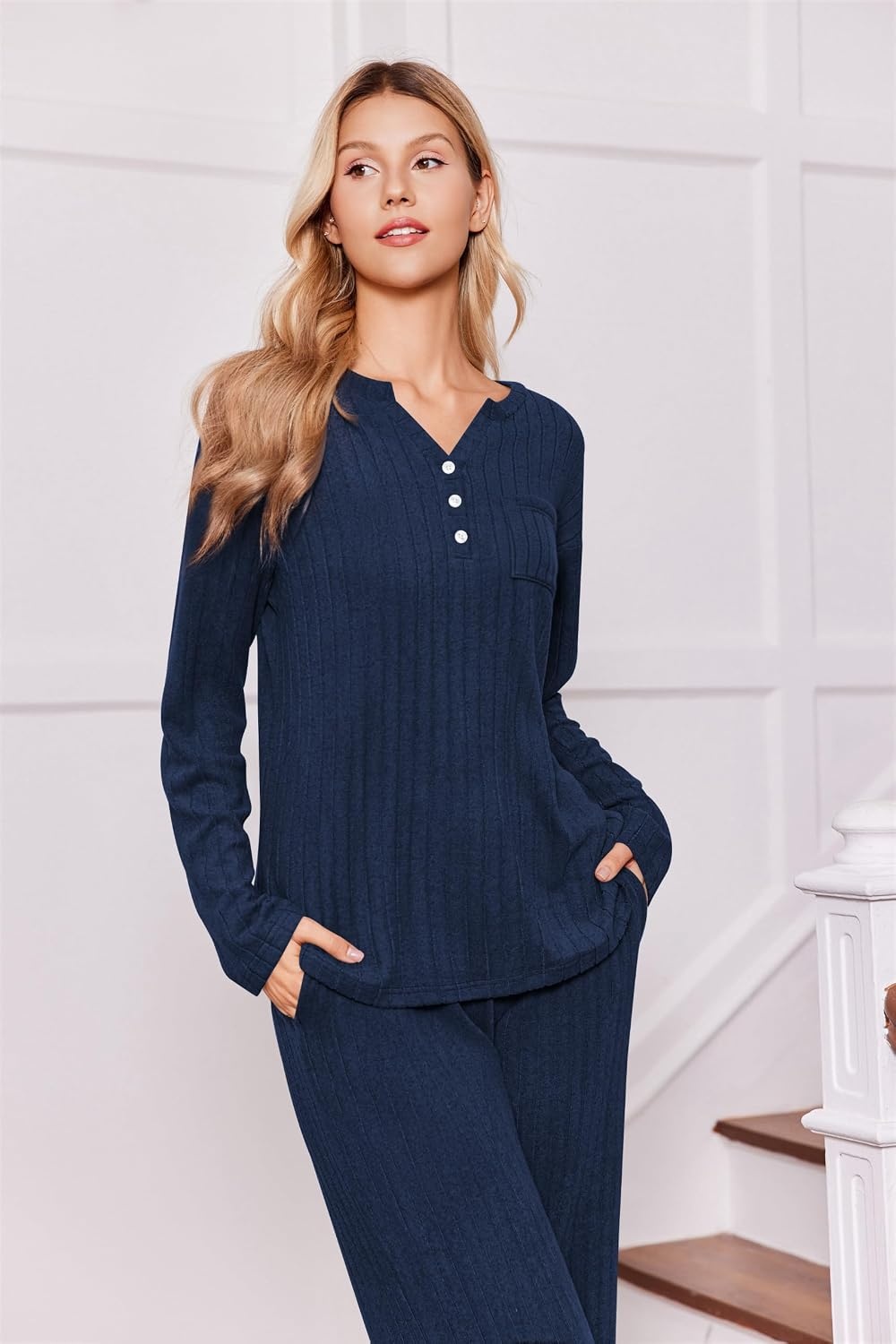 image:imageEkouaer Womens 2 Piece Lounge Set Long Sleeve Knit Ribbed Pajama SetsNavy Blue