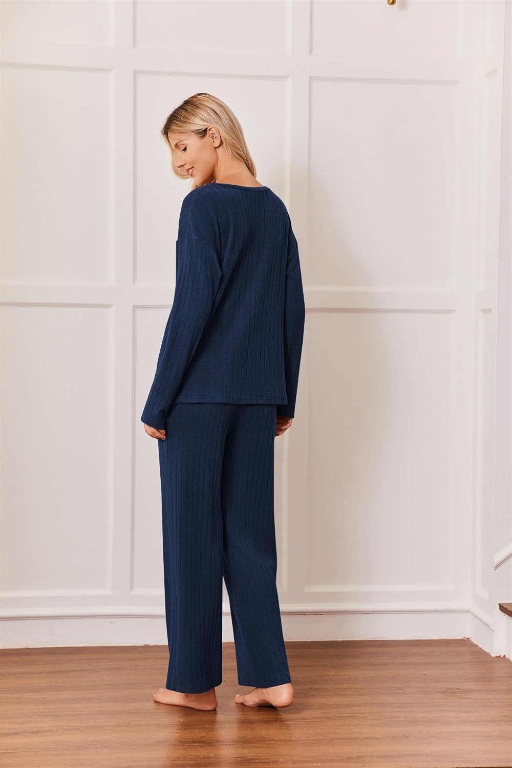 image:imageEkouaer Womens 2 Piece Lounge Set Long Sleeve Knit Ribbed Pajama SetsNavy Blue