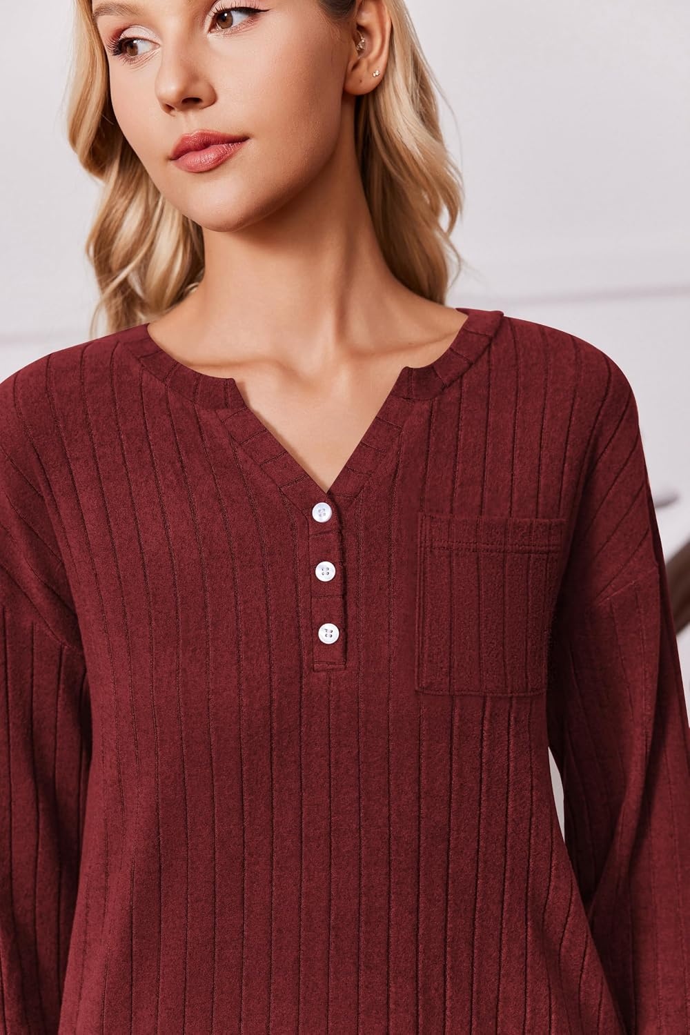image:imageEkouaer Womens 2 Piece Lounge Set Long Sleeve Knit Ribbed Pajama SetsWine Red