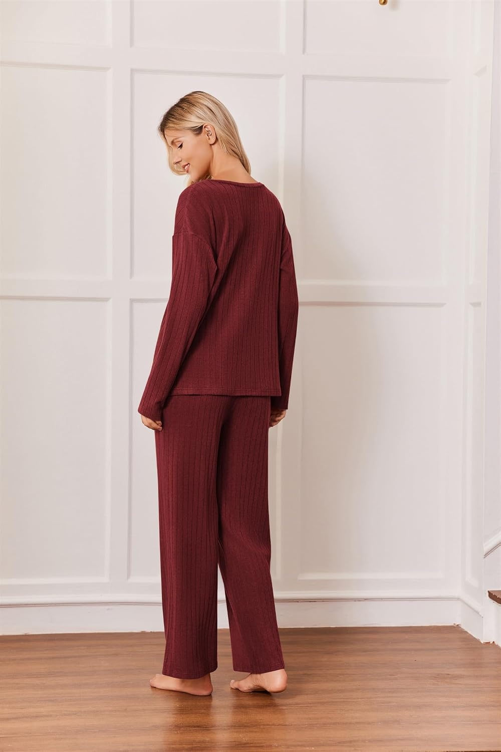 image:imageEkouaer Womens 2 Piece Lounge Set Long Sleeve Knit Ribbed Pajama SetsWine Red