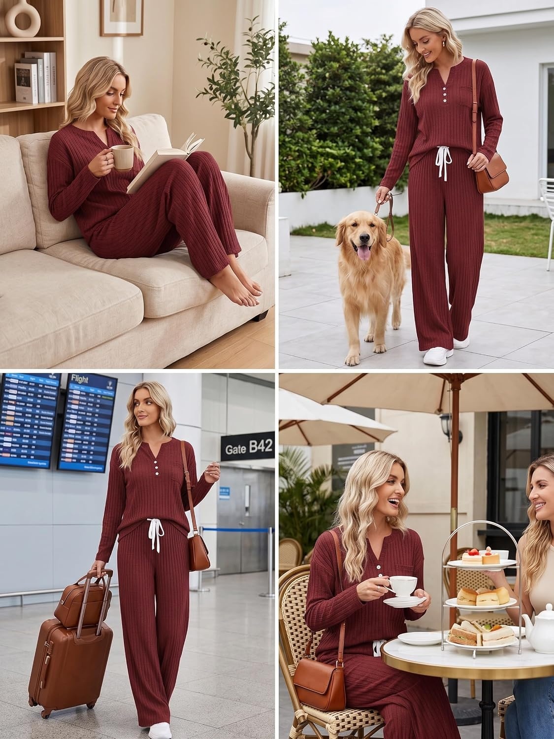image:imageEkouaer Womens 2 Piece Lounge Set Long Sleeve Knit Ribbed Pajama SetsWine Red