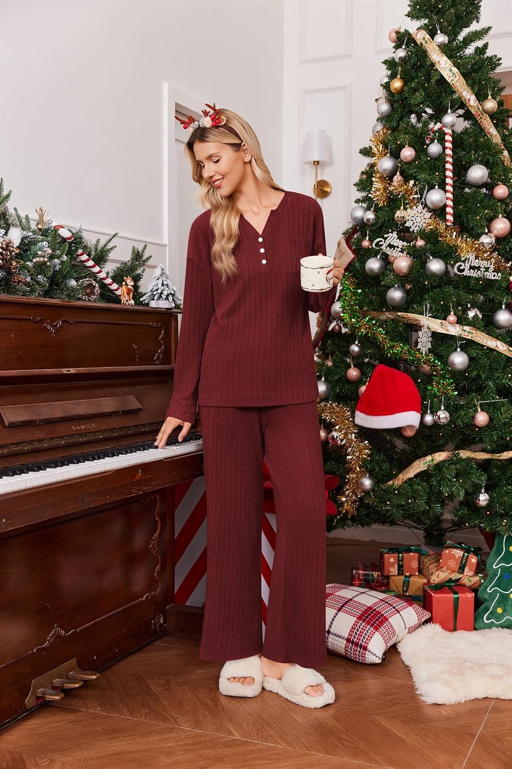 image:imageEkouaer Womens 2 Piece Lounge Set Long Sleeve Knit Ribbed Pajama SetsWine Red