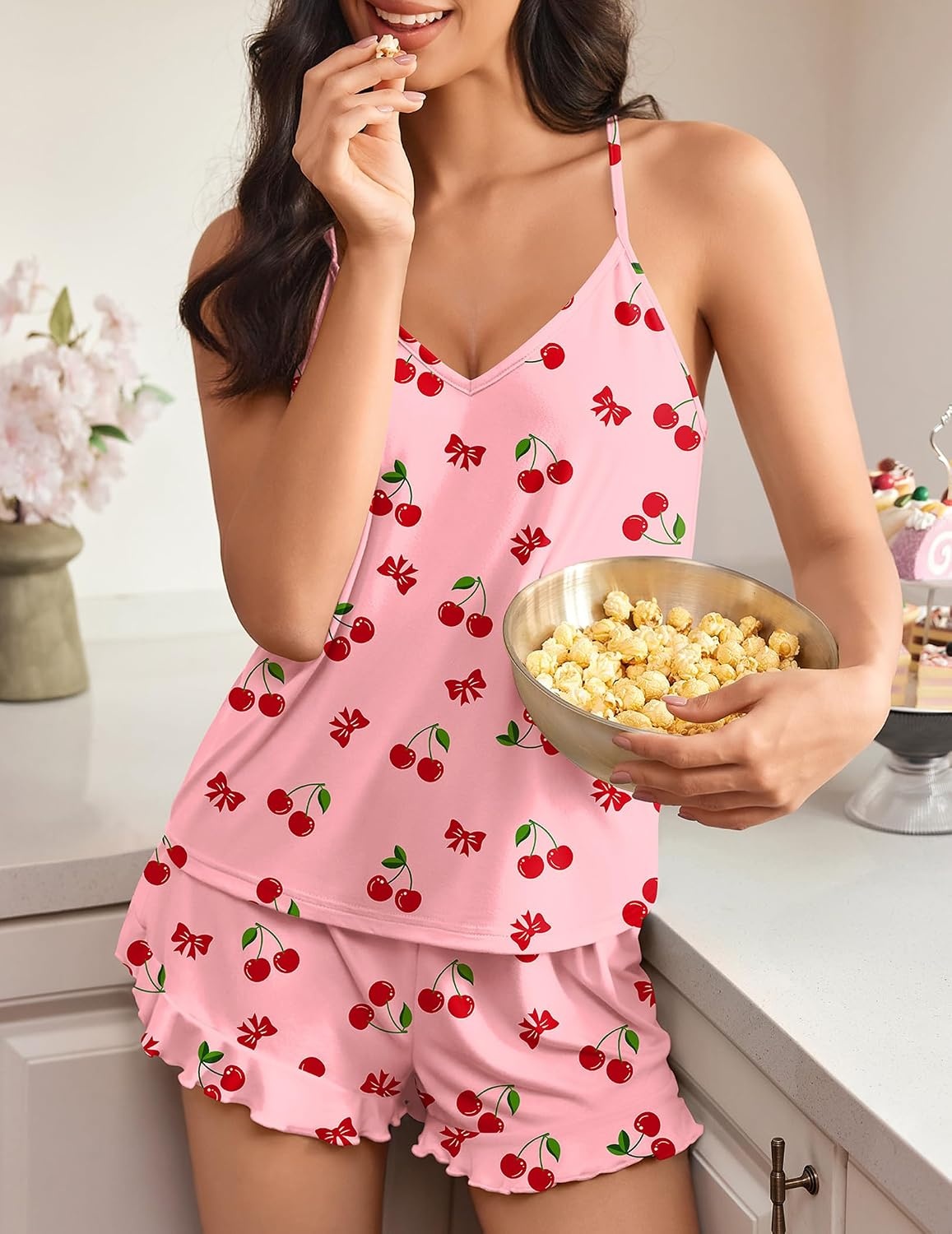 image:imageEkouaer Womens Cami Pajama Sets V Neck PJs Soft Lingerie Top and ShortsRed Cherry Print