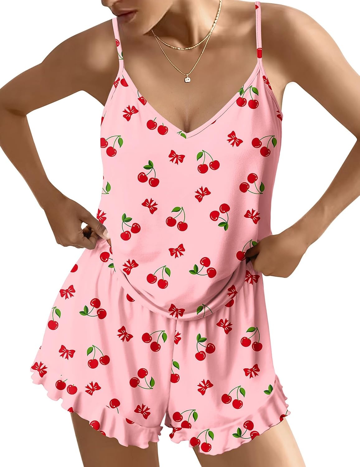 image:imageEkouaer Womens Cami Pajama Sets V Neck PJs Soft Lingerie Top and ShortsRed Cherry Print