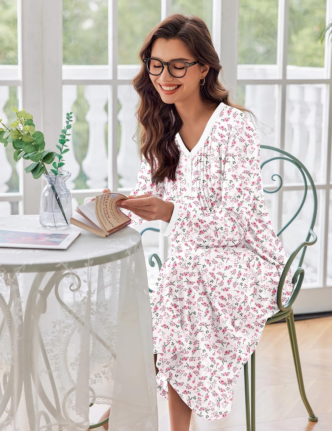 image:imageEkouaer Womens Long Sleeve Nightgown Full Length Sleepwear Long Sleepshirts Henley Sleep DressPink Flower