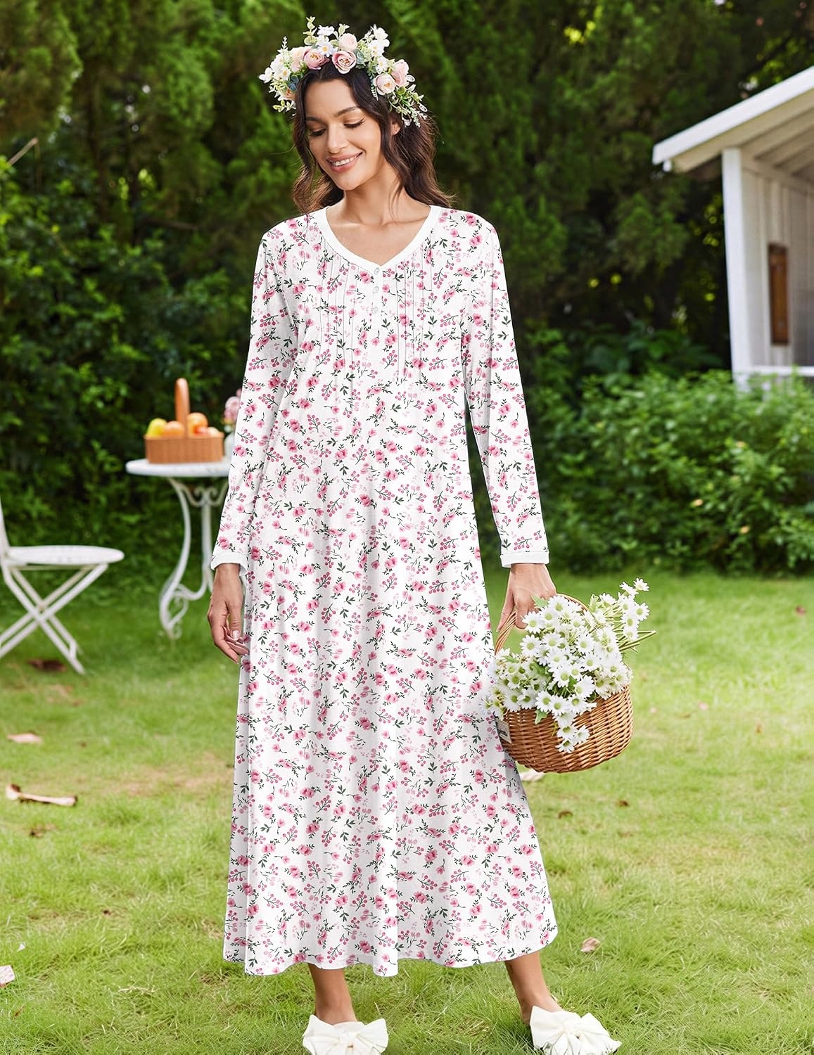image:imageEkouaer Womens Long Sleeve Nightgown Full Length Sleepwear Long Sleepshirts Henley Sleep DressPink Flower