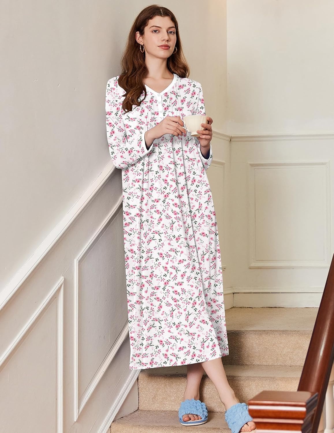 image:imageEkouaer Womens Long Sleeve Nightgown Full Length Sleepwear Long Sleepshirts Henley Sleep DressPink Flower