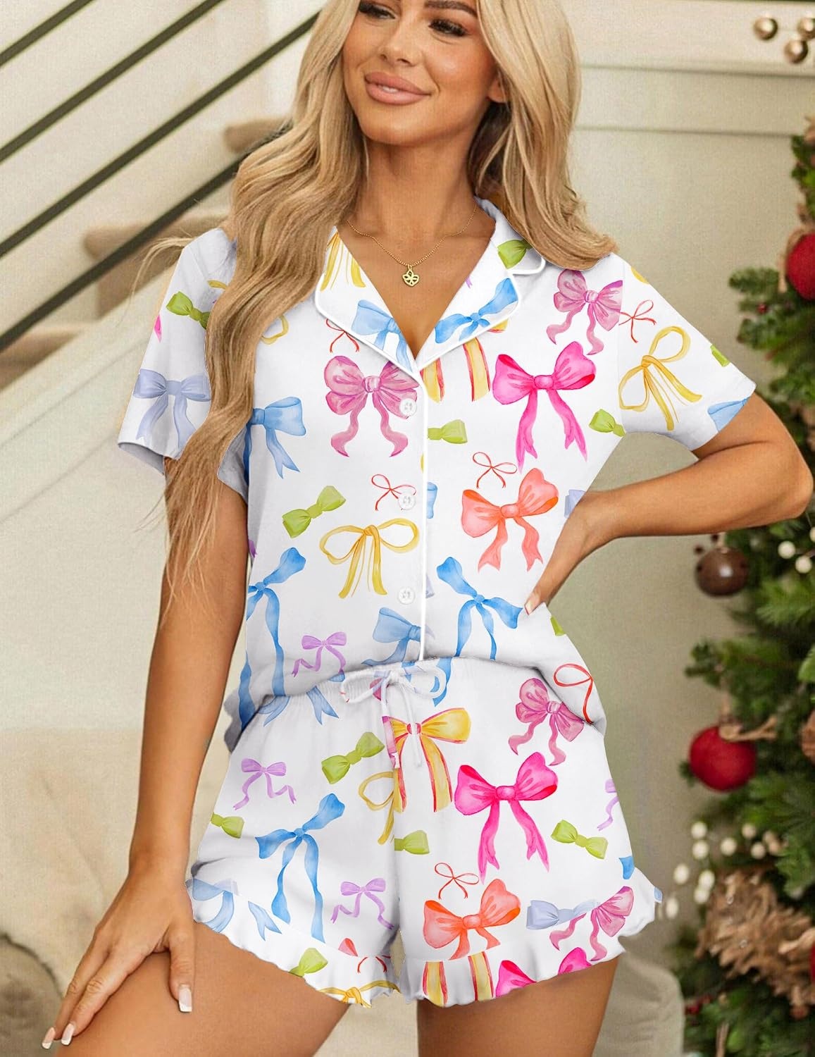 image:imageEkouaer Womens Pajama Sets Button Down Cute Ruffled Pjs Set SleepwearColorful Bow
