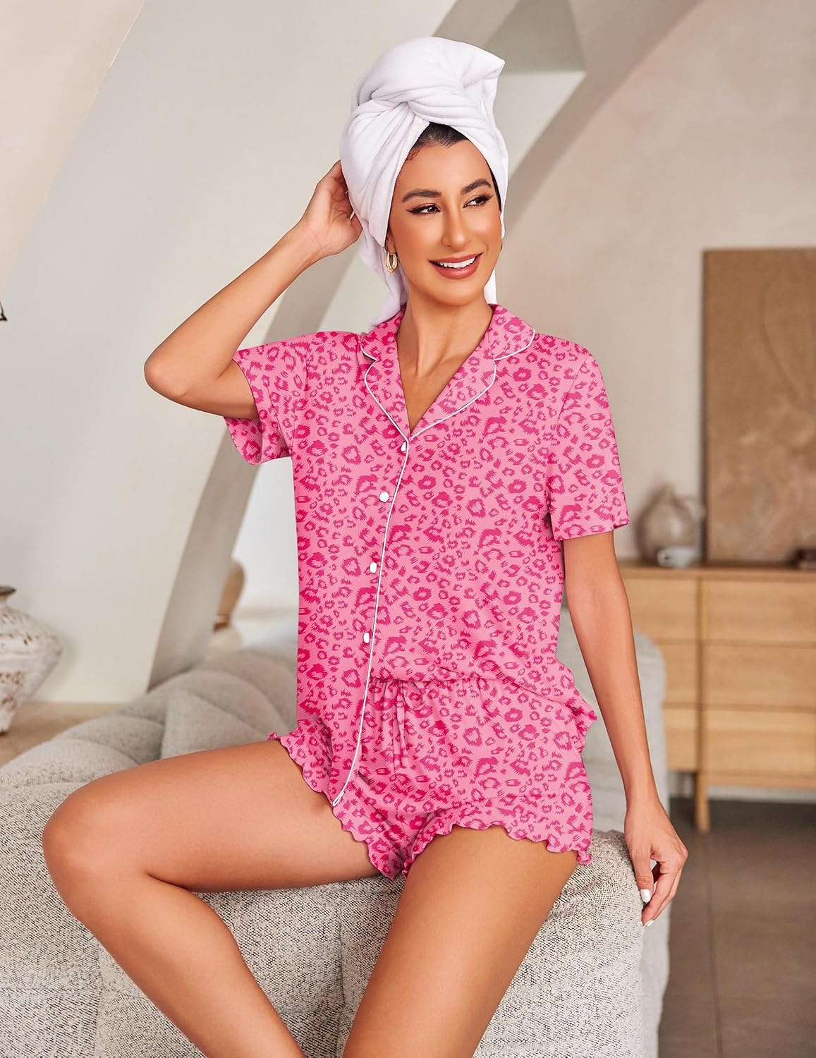 image:imageEkouaer Womens Pajama Sets Button Down Cute Ruffled Pjs Set SleepwearHot Pink Leopard