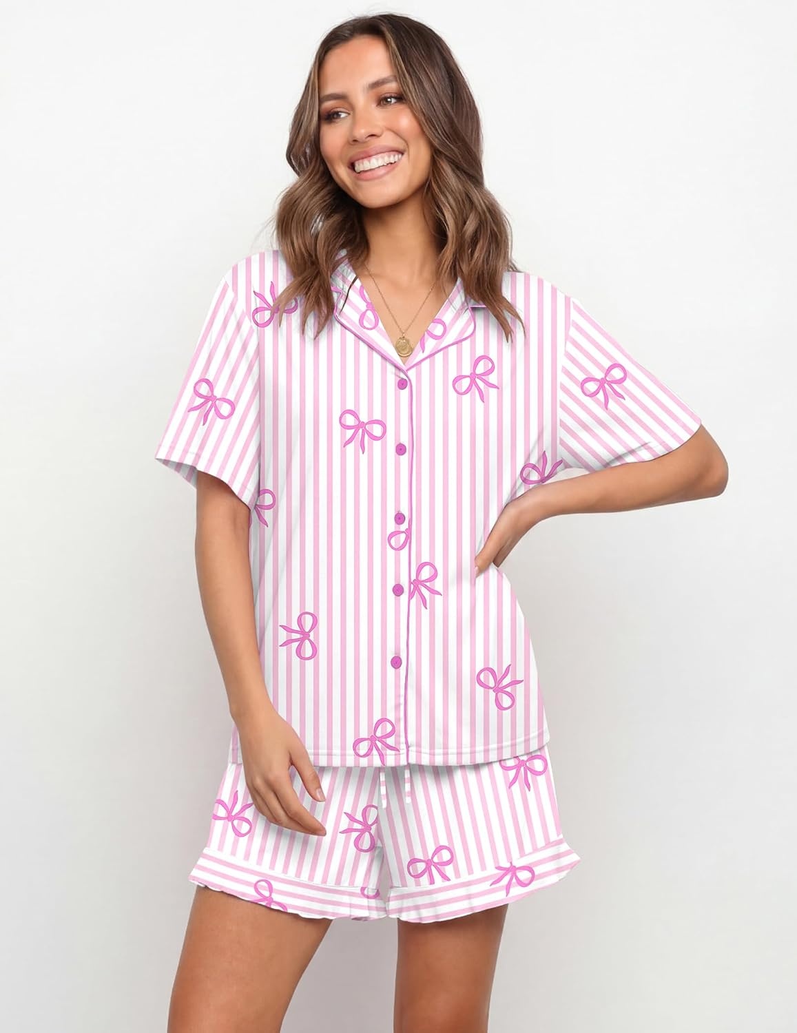 image:imageEkouaer Womens Pajama Sets Button Down Cute Ruffled Pjs Set SleepwearPink Stripe Bow