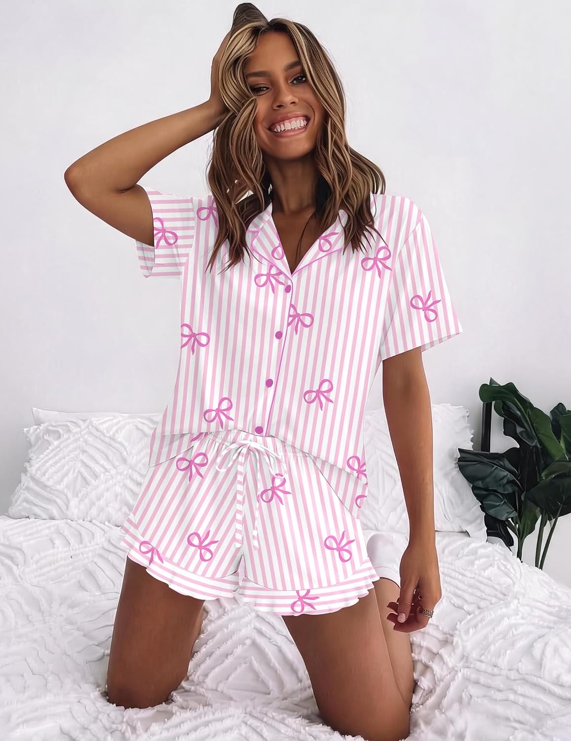 image:imageEkouaer Womens Pajama Sets Button Down Cute Ruffled Pjs Set SleepwearPink Stripe Bow