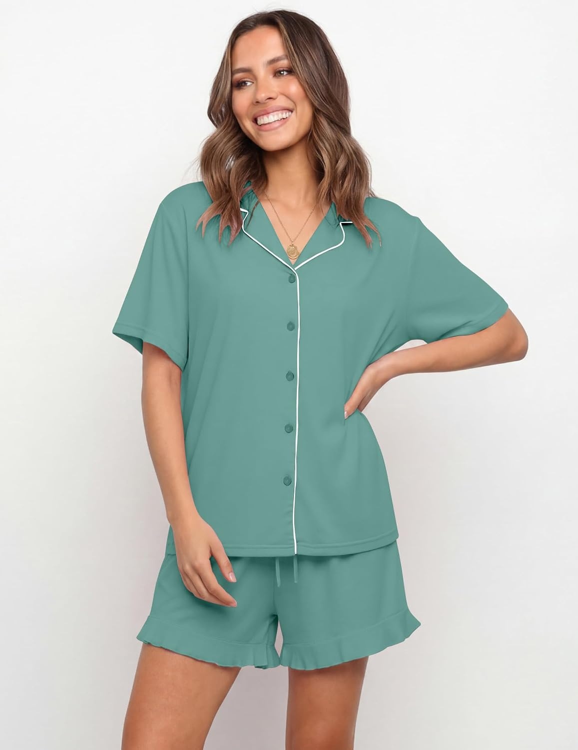 image:imageEkouaer Womens Pajama Sets Button Down Cute Ruffled Pjs Set SleepwearSage Green