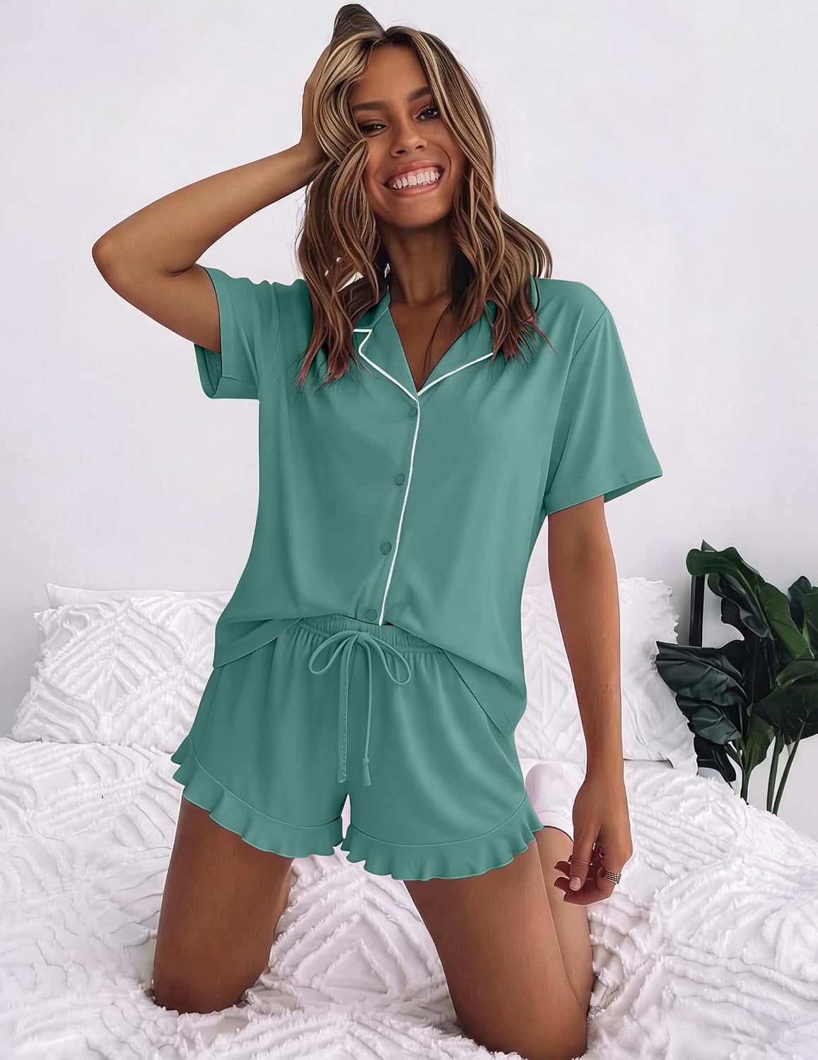 image:imageEkouaer Womens Pajama Sets Button Down Cute Ruffled Pjs Set SleepwearSage Green