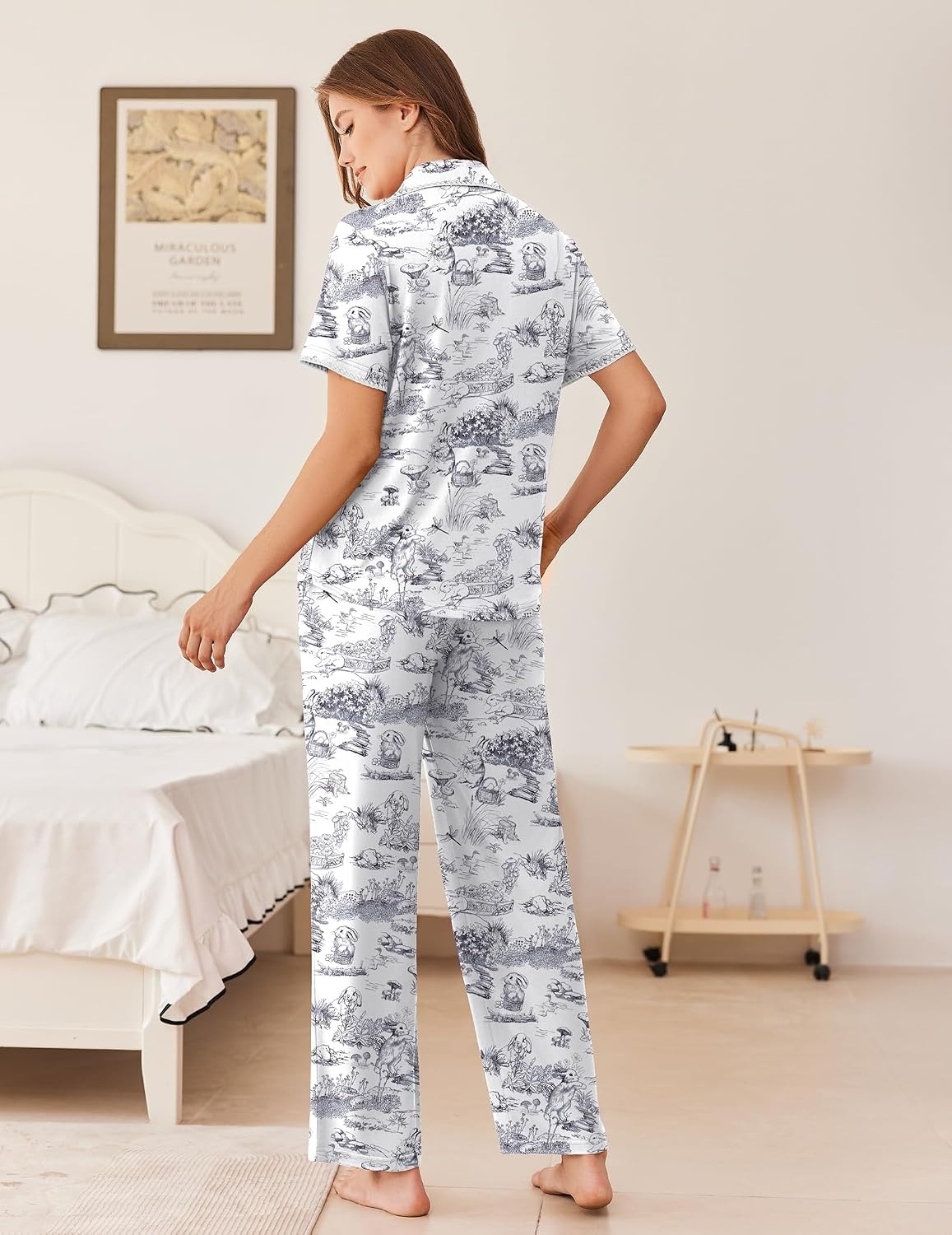 image:imageEkouaer Womens Pajamas Set Button Down Loungewear Short Sleeve Pants PjsBlack Rabbit