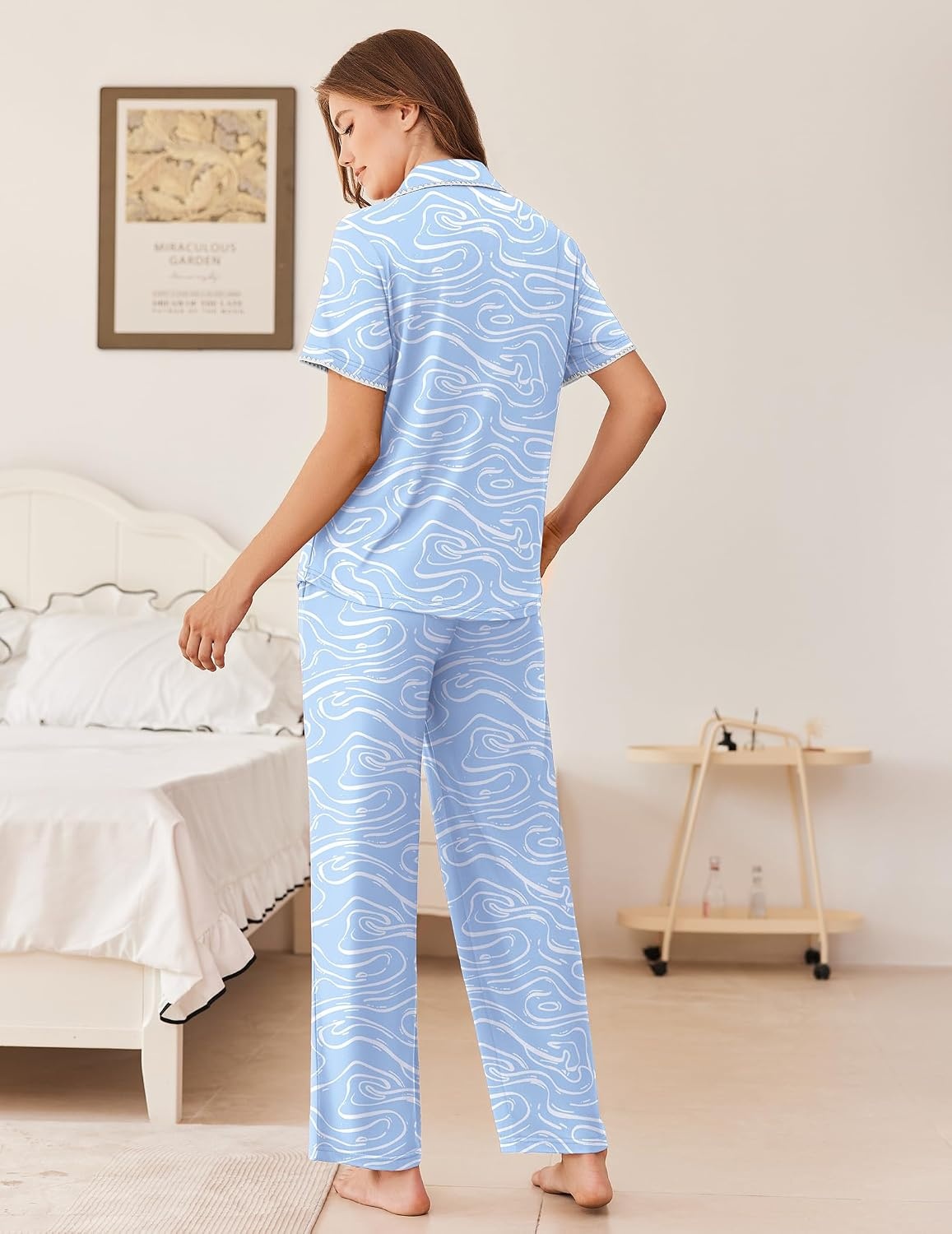 image:imageEkouaer Womens Pajamas Set Button Down Loungewear Short Sleeve Pants PjsBlue Curve