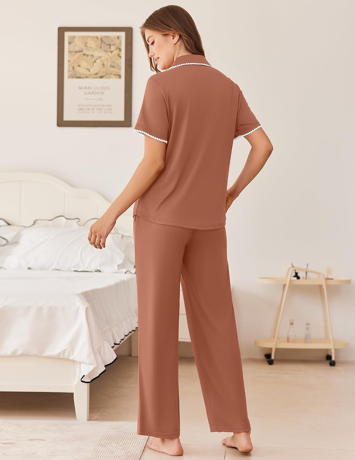 image:imageEkouaer Womens Pajamas Set Button Down Loungewear Short Sleeve Pants PjsBrown