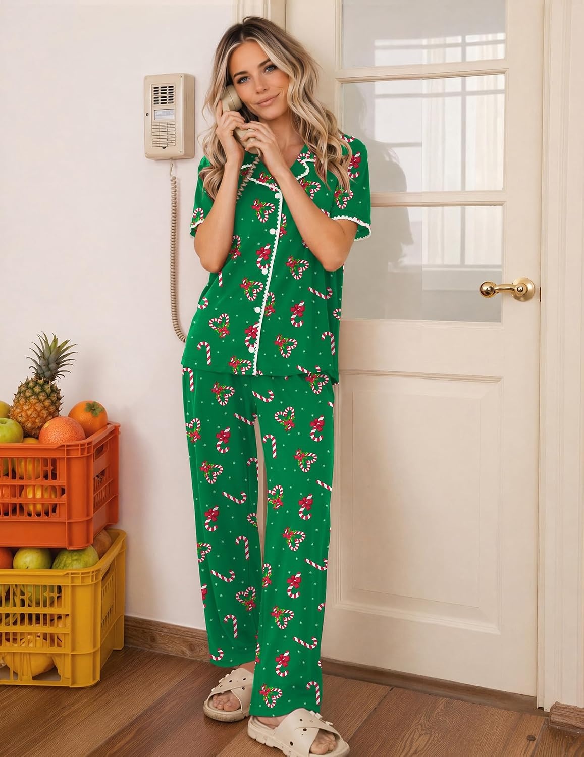 image:imageEkouaer Womens Pajamas Set Button Down Loungewear Short Sleeve Pants PjsChristmas Green Candy Canes
