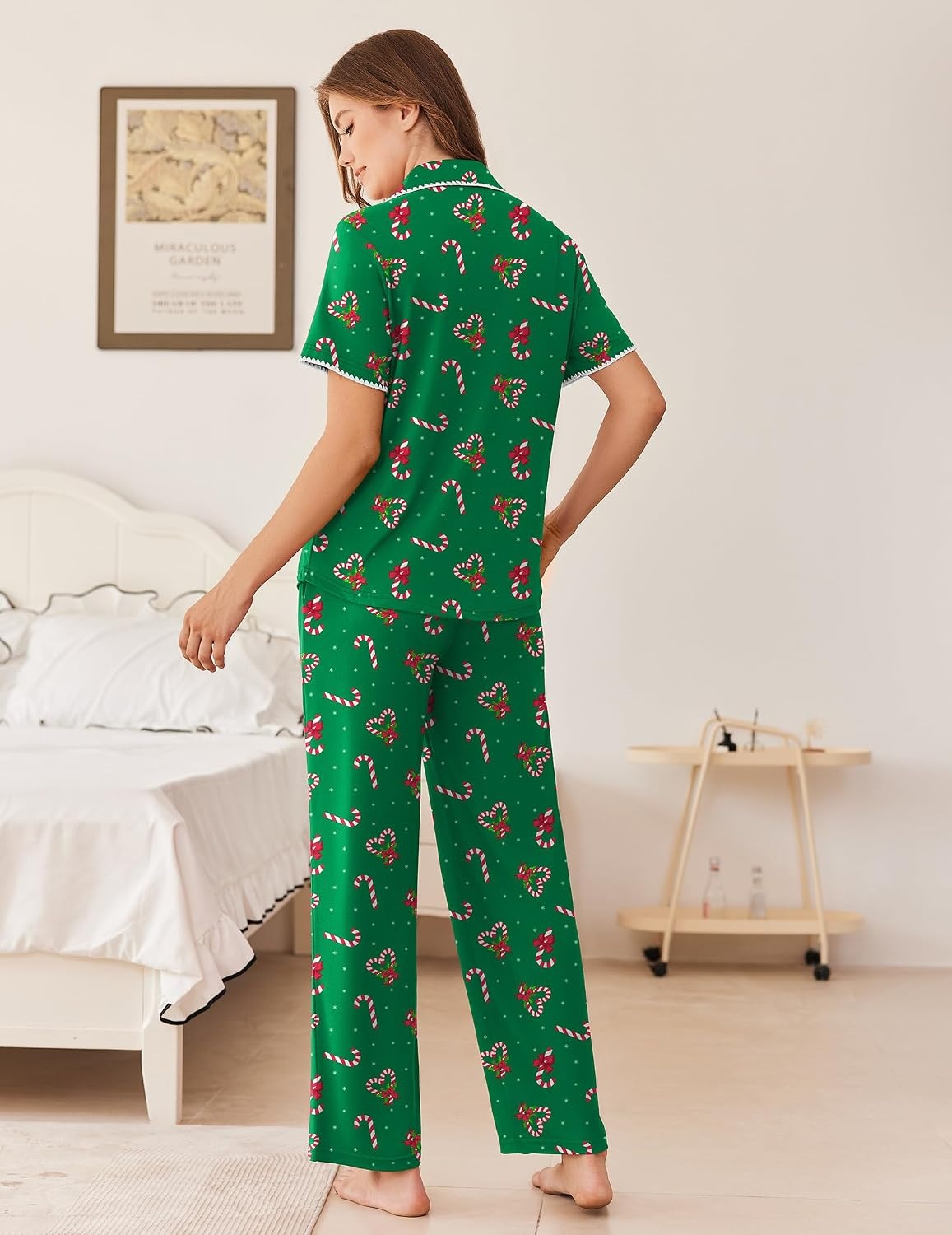 image:imageEkouaer Womens Pajamas Set Button Down Loungewear Short Sleeve Pants PjsChristmas Green Candy Canes