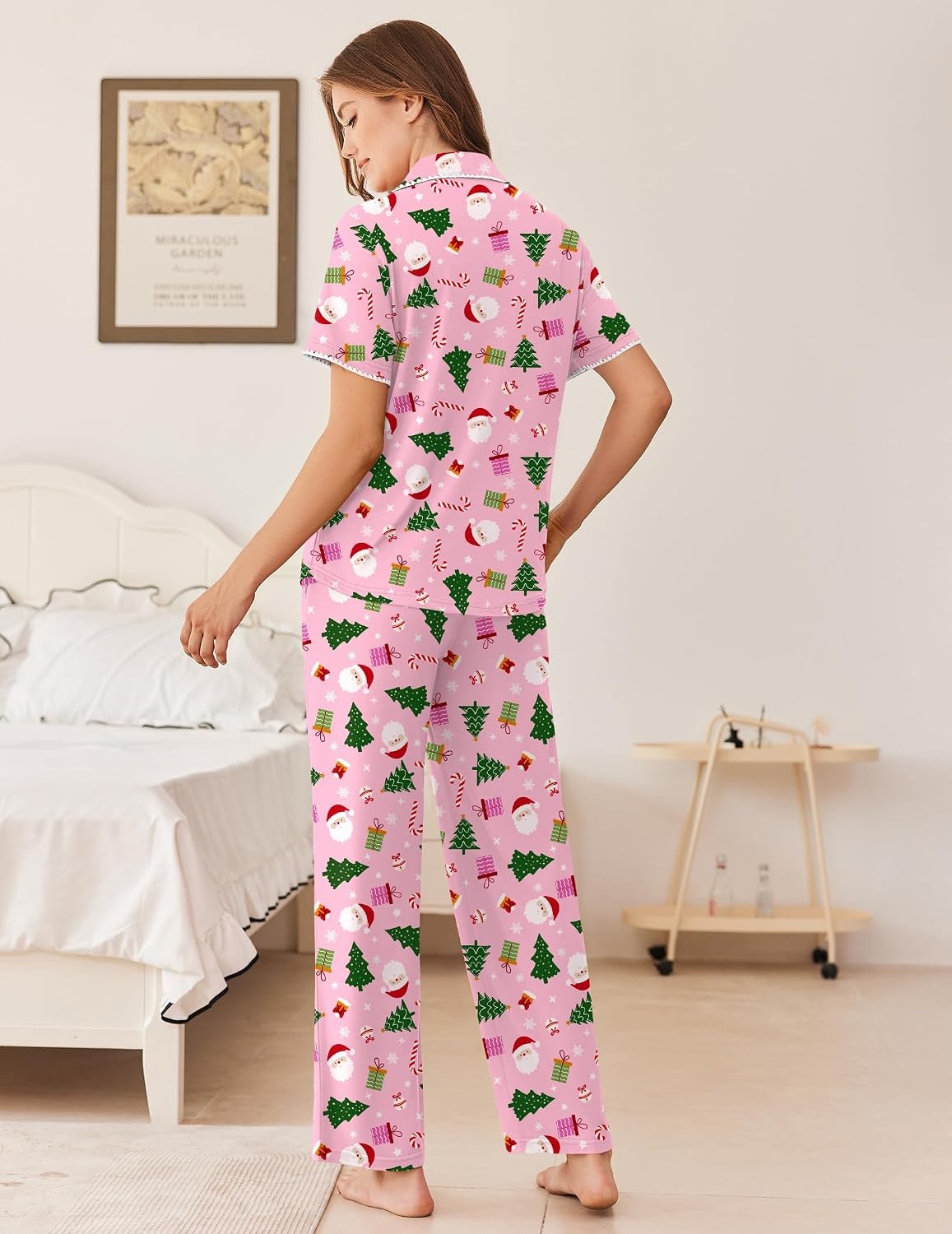 image:imageEkouaer Womens Pajamas Set Button Down Loungewear Short Sleeve Pants PjsChristmas Pink Collection