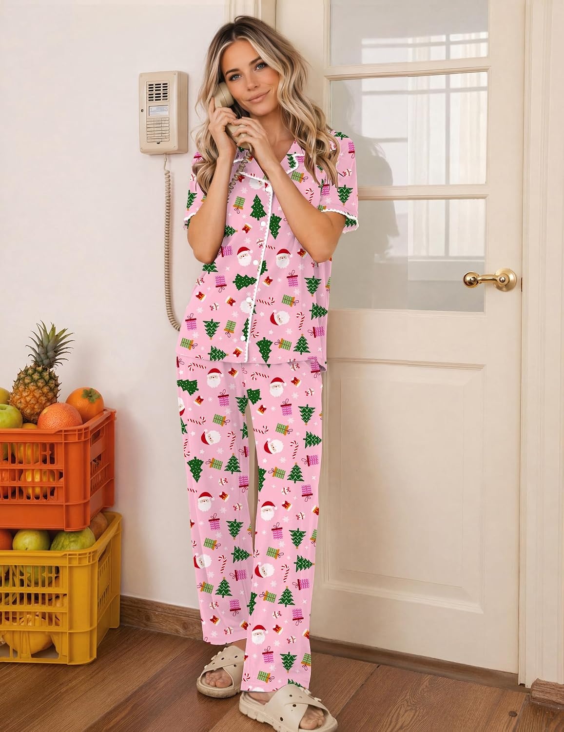image:imageEkouaer Womens Pajamas Set Button Down Loungewear Short Sleeve Pants PjsChristmas Pink Collection