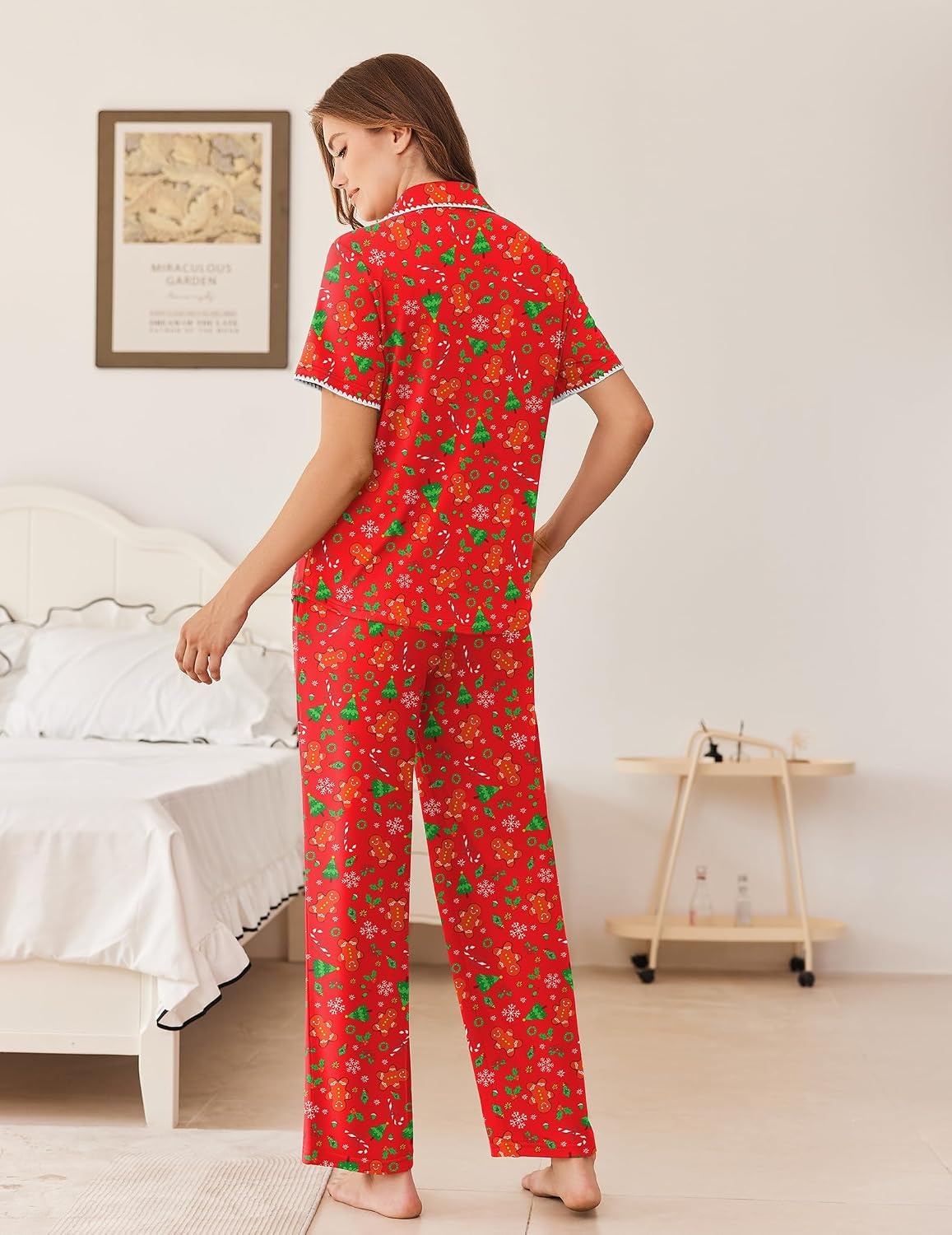 image:imageEkouaer Womens Pajamas Set Button Down Loungewear Short Sleeve Pants PjsChristmas Red Gingerbread Man