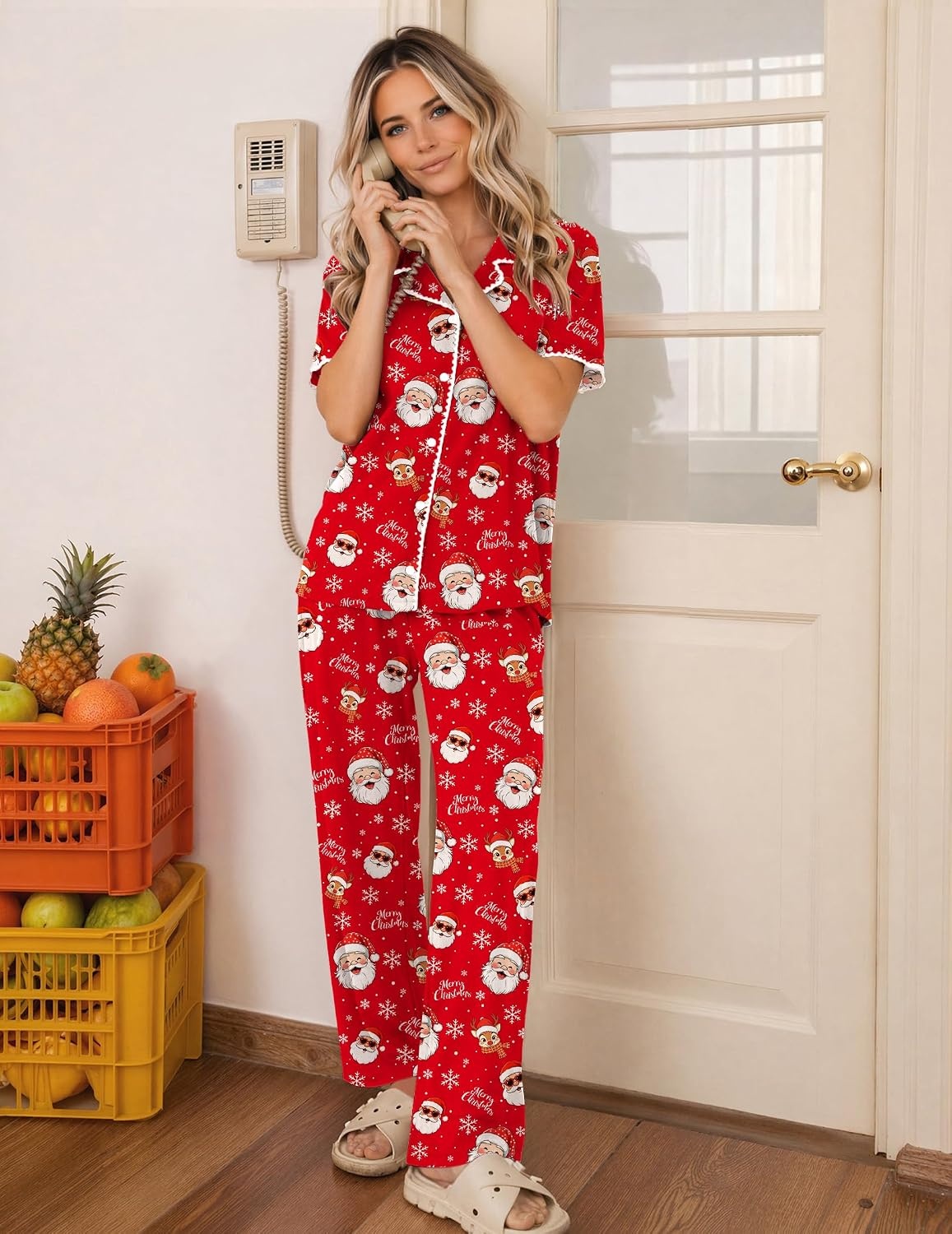 image:imageEkouaer Womens Pajamas Set Button Down Loungewear Short Sleeve Pants PjsChristmas Red Santa
