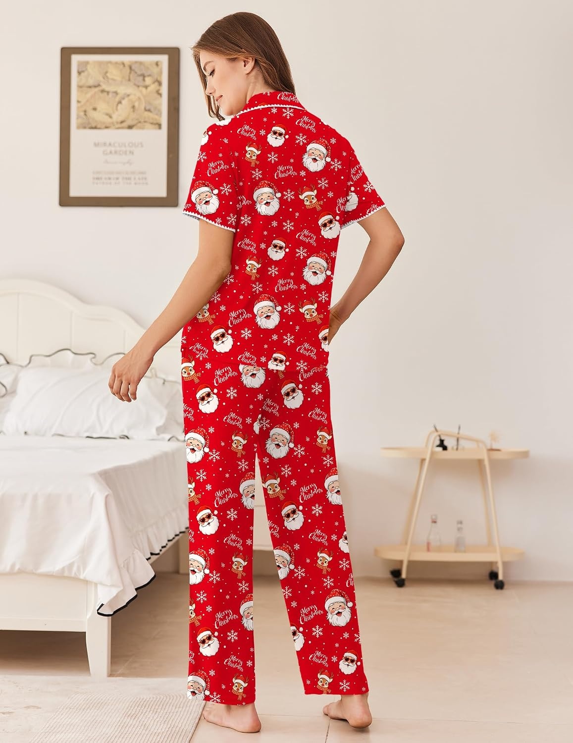 image:imageEkouaer Womens Pajamas Set Button Down Loungewear Short Sleeve Pants PjsChristmas Red Santa