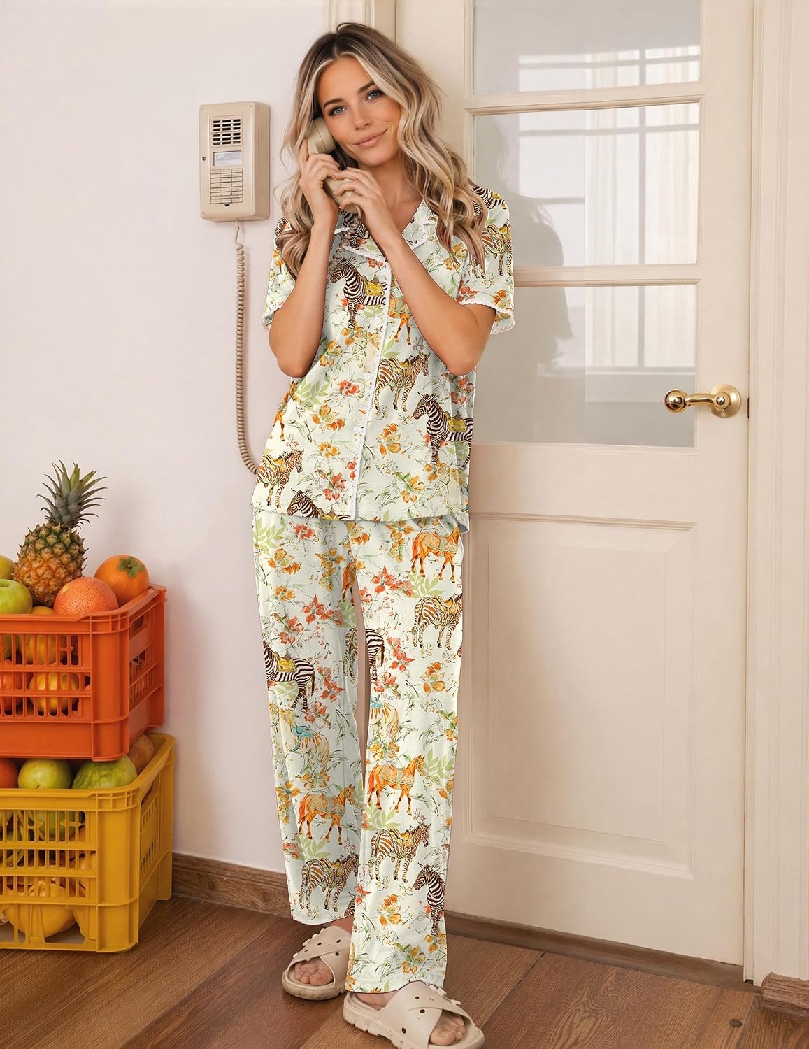 image:imageEkouaer Womens Pajamas Set Button Down Loungewear Short Sleeve Pants PjsHorse Collection
